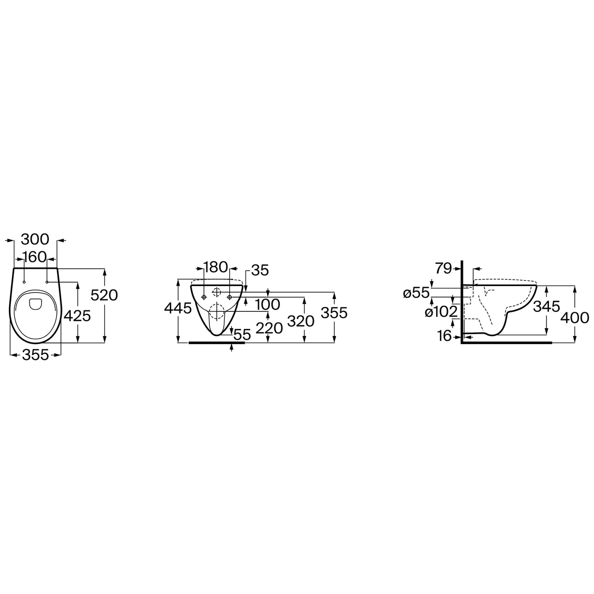 Vas WC suspendat Roca Adele Rimless - schema tehnica