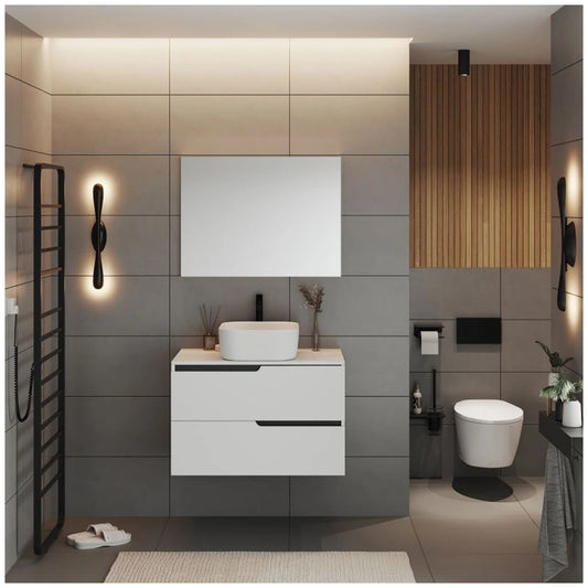 Fluminia Bari Masca lavoar baie suspendata cu 2 sertare 80x46xH51 cm, alb mat, cu blat - ambient