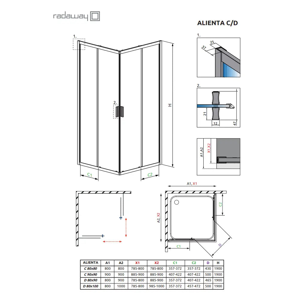 Cabina dus patrata cu usi glisante Radaway Alienta Brushed Light Gold C 90x90 cm, profil auriu deschis periat