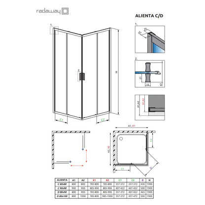Cabina dus patrata cu usi glisante Radaway Alienta Brushed Light Gold C 90x90 cm, profil auriu deschis periat