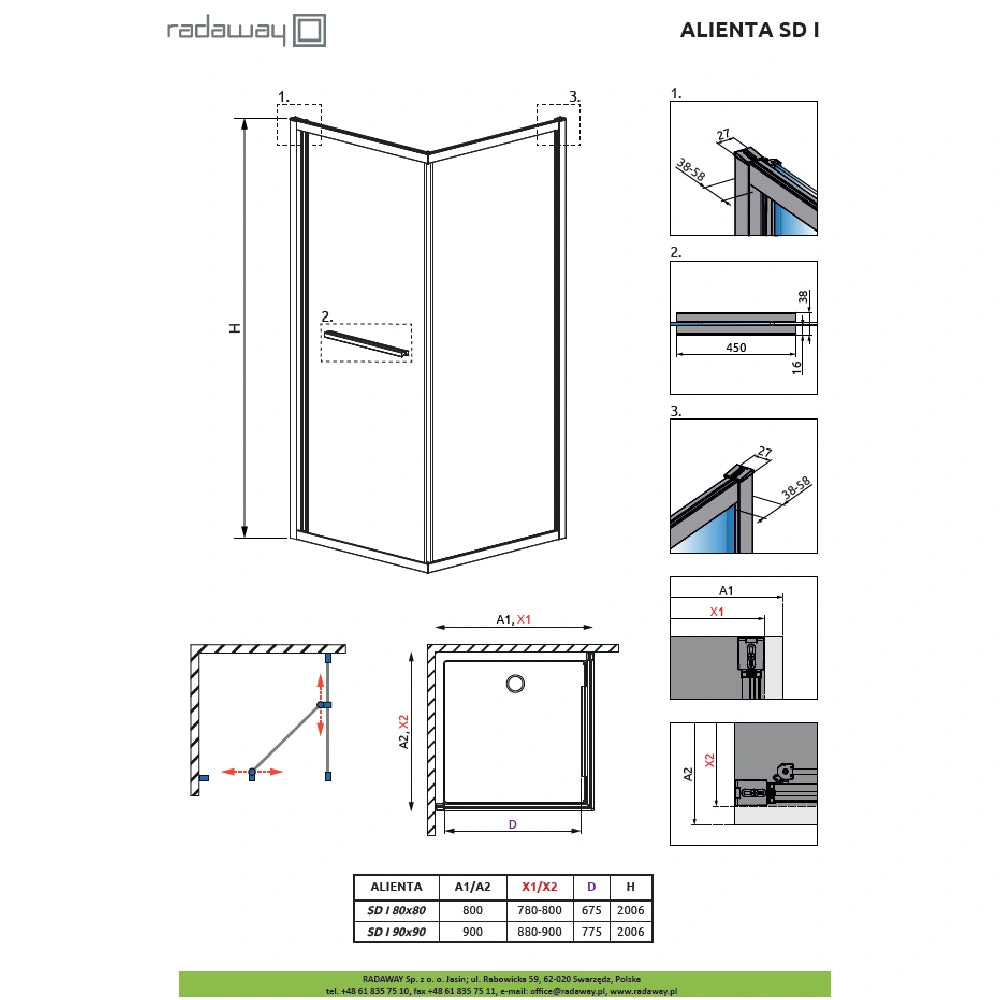 Cabina dus patrata cu usa glisanta Radaway Alienta Black SD I 80x80 cm, profil negru