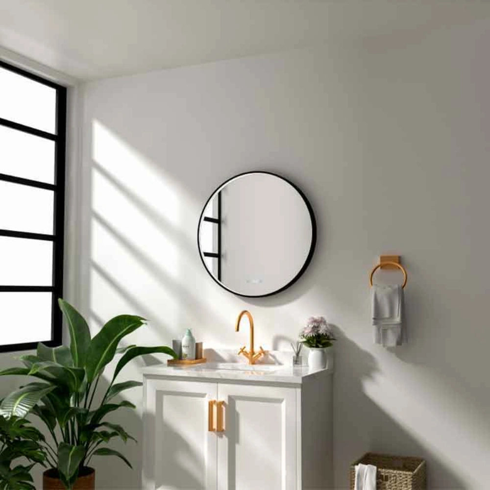 Fluminia Aster Oglinda cu iluminare LED, dezaburire si ceas Ø80 cm, rama neagra mat