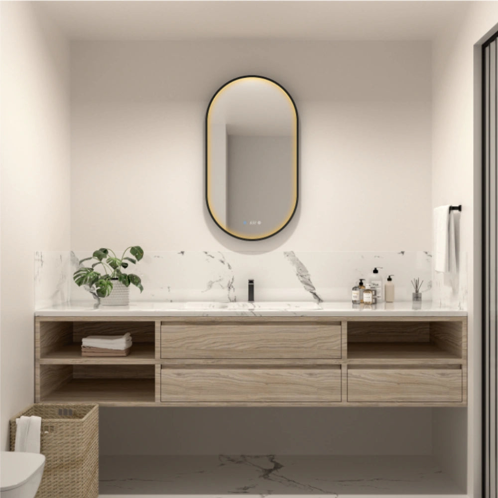 Fluminia Canaria Oglinda cu iluminare LED, dezaburire si ceas 50xH90 cm, rama neagra mat