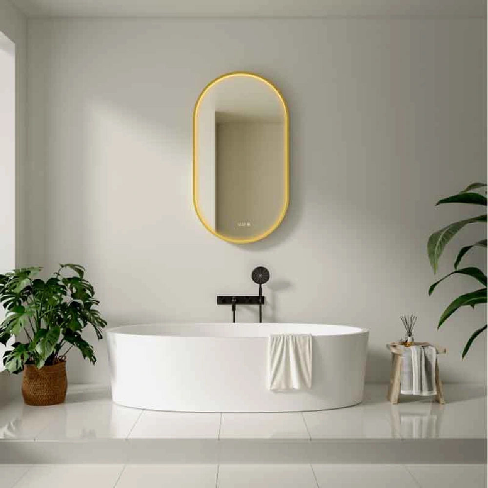 Fluminia Canaria Oglinda cu iluminare LED, dezaburire si ceas 50xH90 cm, rama aurie