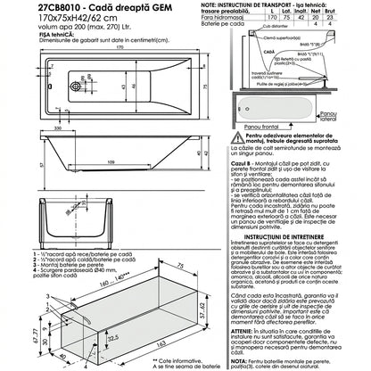 Cada baie dreptunghiulara Belform Gem acril 170x75 cm