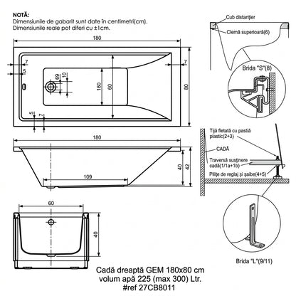 Cada baie dreptunghiulara Belform Gem acril 180x80 cm