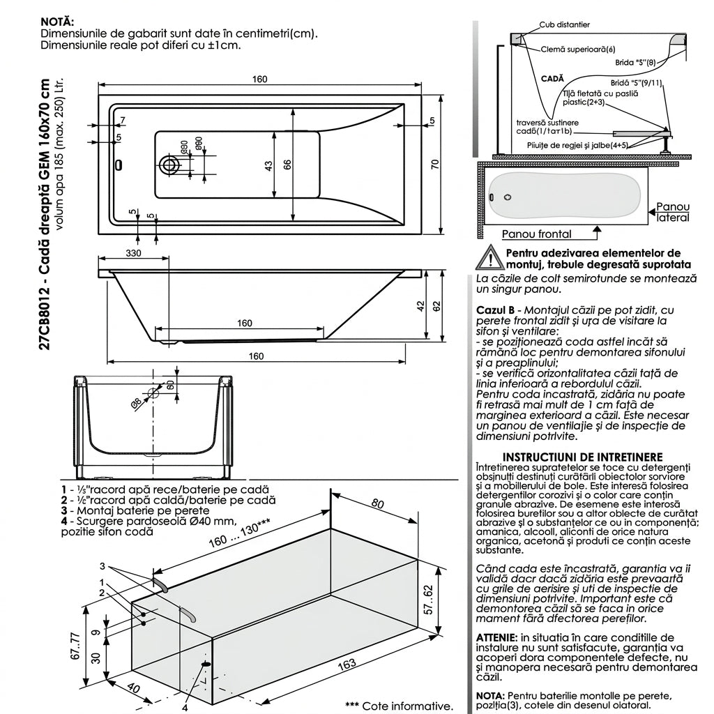 Cada baie dreptunghiulara Belform Gem acril 160x70 cm