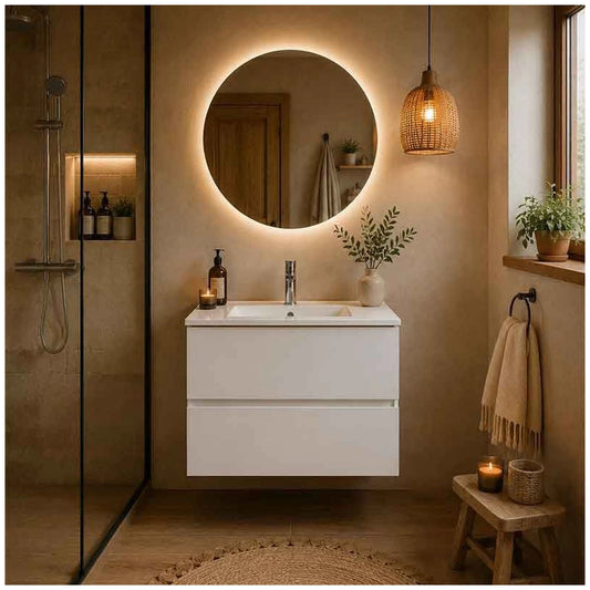 Fluminia Genova Masca lavoar baie suspendata cu 2 sertare 60x46xH50 cm, alb lucios, front neted - ambient