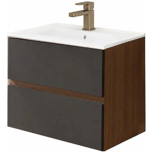 Fluminia Genova Masca lavoar baie suspendata cu 2 sertare 60x46xH50 cm, negru mat/maro (rovere moka), front neted