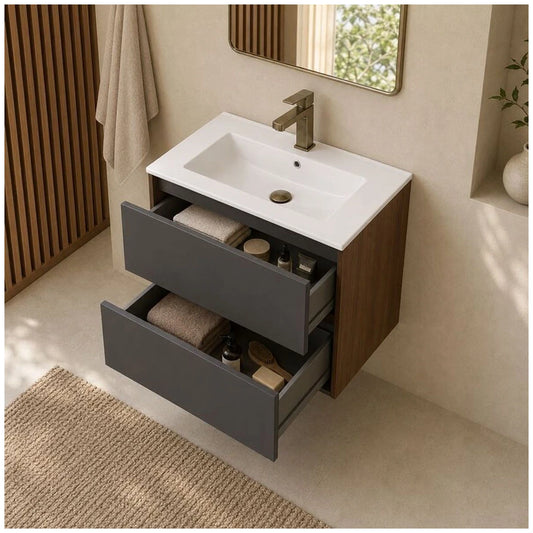 Fluminia Genova Masca lavoar baie suspendata cu 2 sertare 60x46xH50 cm, negru mat/maro (rovere moka), front neted - ambient