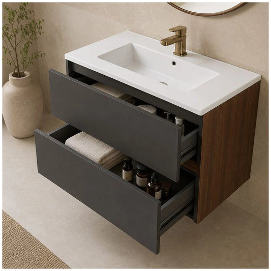 Fluminia Genova Masca lavoar baie suspendata cu 2 sertare 80x46xH50 cm, negru mat/maro (rovere moka), front neted - ambient