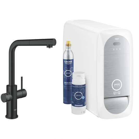 Grohe Blue Home Ondus Baterie de bucatarie cu sistem de filtrare, racire si acidulare, pipa L, dus extractibil, Bluetooth, negru mat (velvet black)