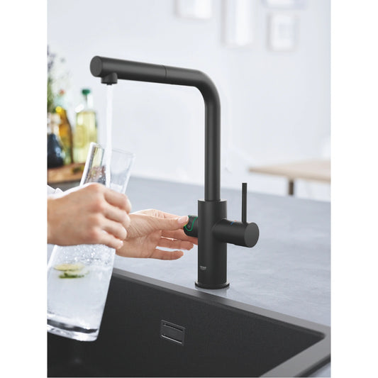 Grohe Blue Home Ondus Baterie de bucatarie cu sistem de filtrare, racire si acidulare, pipa L, dus extractibil, Bluetooth, negru mat (velvet black)