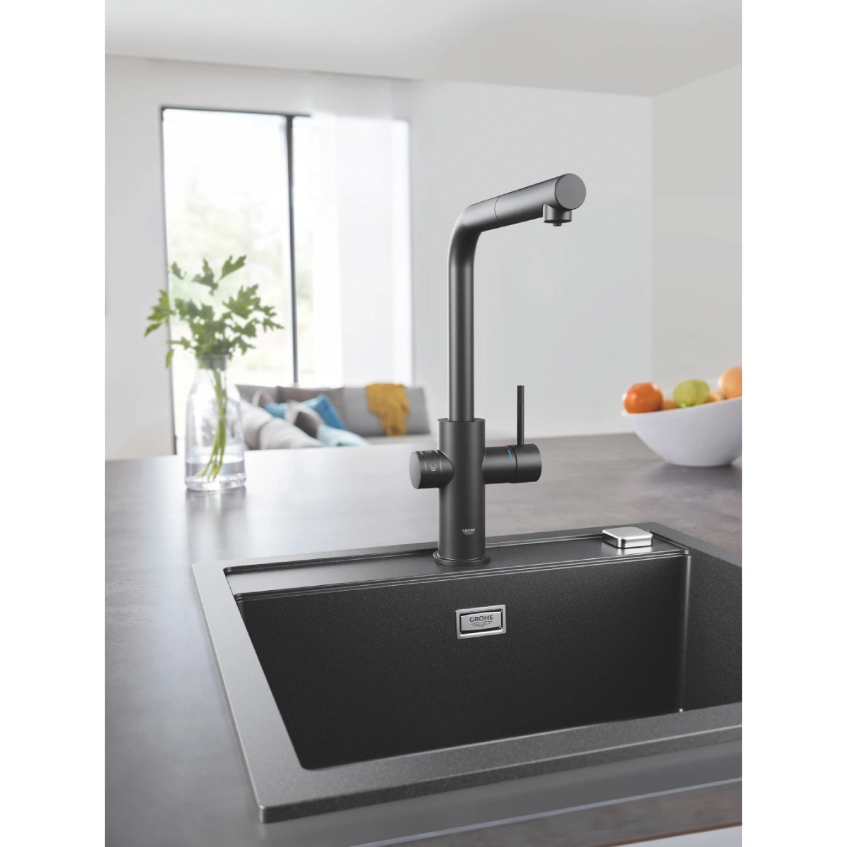 Grohe Blue Home Ondus Baterie de bucatarie cu sistem de filtrare, racire si acidulare, pipa L, dus extractibil, Bluetooth, negru mat (velvet black)