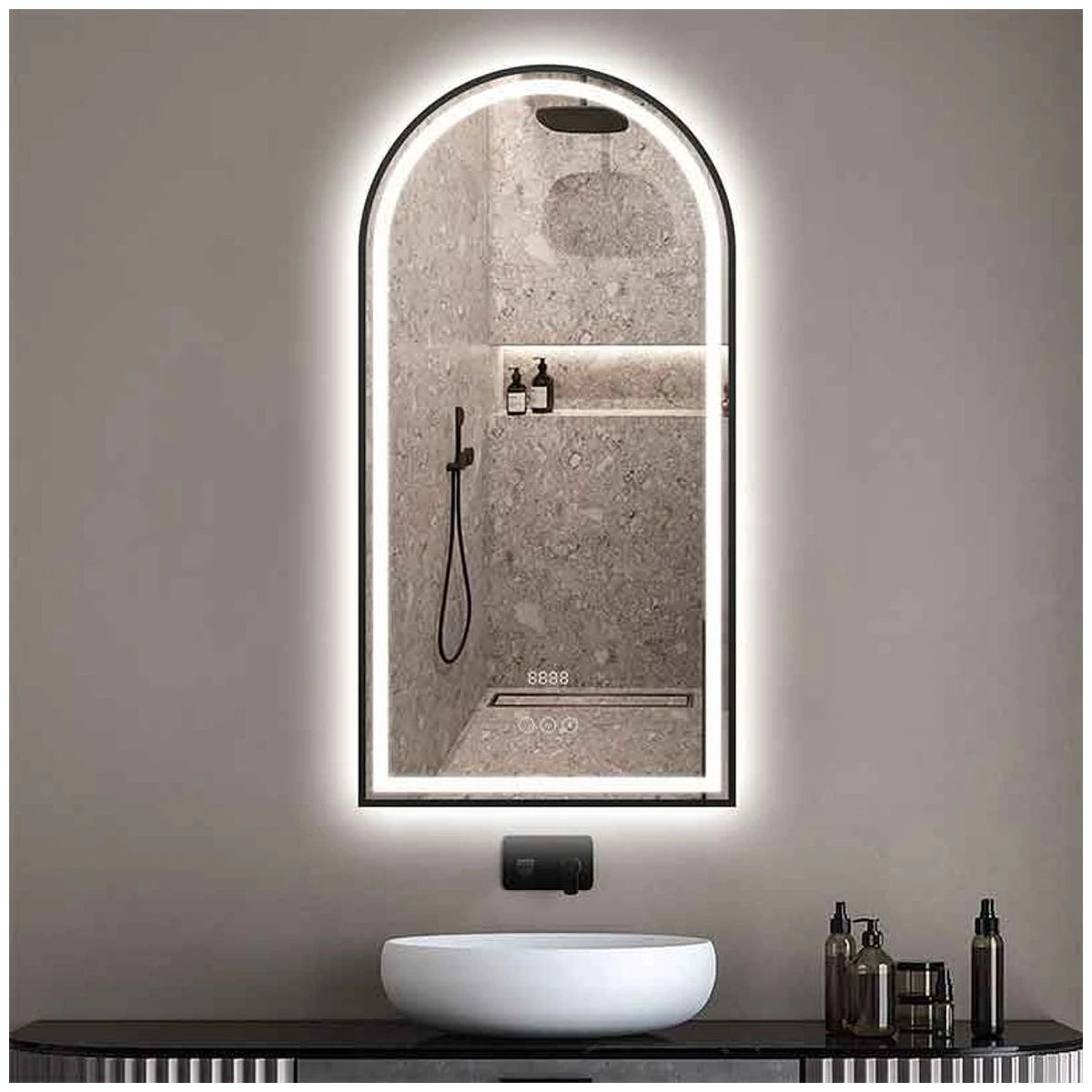 Fluminia Cosimo Oglinda cu iluminare LED, dezaburire, ceas si Bluetooth 50xH100 cm, rama neagra