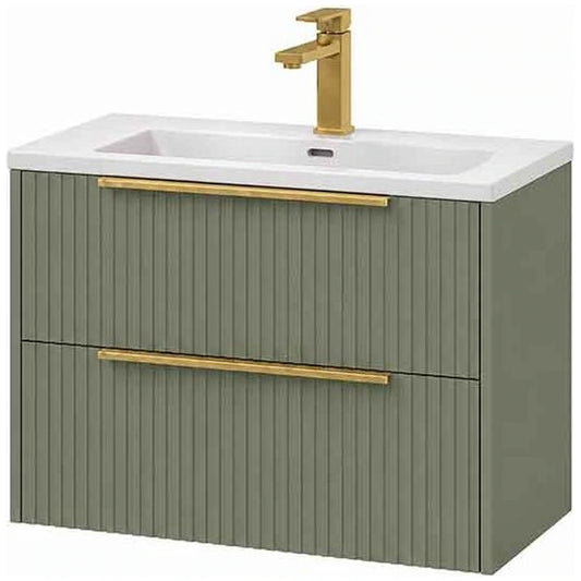 Fluminia Istria Masca lavoar baie suspendata cu 2 sertare 80x46xH50 cm, verde (salvia), front riflat, manere aurii