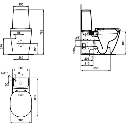 Vas WC cu bideu pe pardoseala Ideal Standard Connect 36x66 cm evacuare orizontala sau verticala