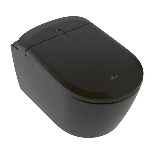 Set Vas WC cu bideu electronic suspendat cu capac soft close si telecomanda Villeroy & Boch Supreo Select Rimless 39x61 cm evacuare orizontala, negru mat