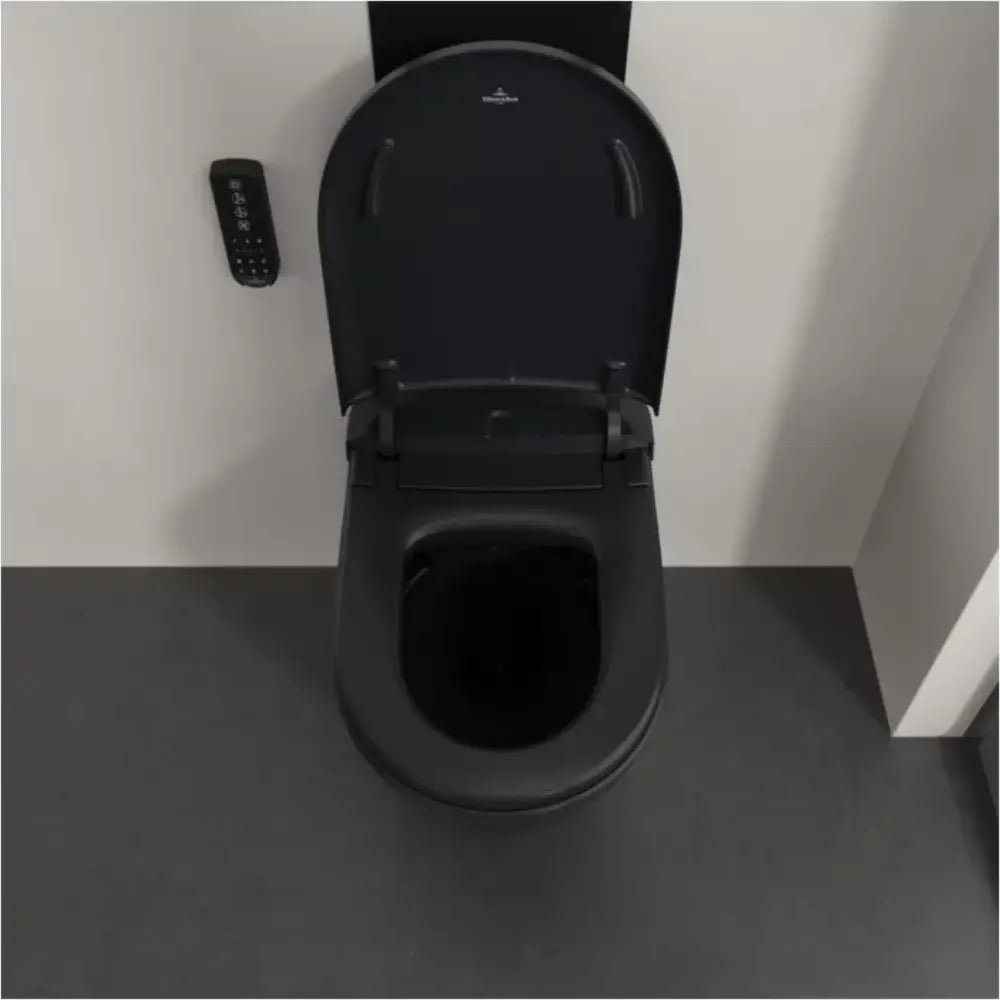Set Vas WC cu bideu electronic suspendat cu capac soft close si telecomanda Villeroy & Boch Supreo Select Rimless 39x61 cm evacuare orizontala, negru mat