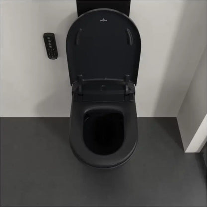 Set Vas WC cu bideu electronic suspendat cu capac soft close si telecomanda Villeroy & Boch Supreo Select Rimless 39x61 cm evacuare orizontala, negru mat
