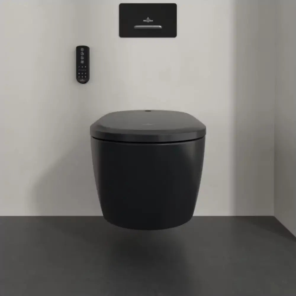 Set Vas WC cu bideu electronic suspendat cu capac soft close si telecomanda Villeroy & Boch Supreo Select Rimless 39x61 cm evacuare orizontala, negru mat