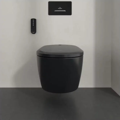 Set Vas WC cu bideu electronic suspendat cu capac soft close si telecomanda Villeroy & Boch Supreo Select Rimless 39x61 cm evacuare orizontala, negru mat