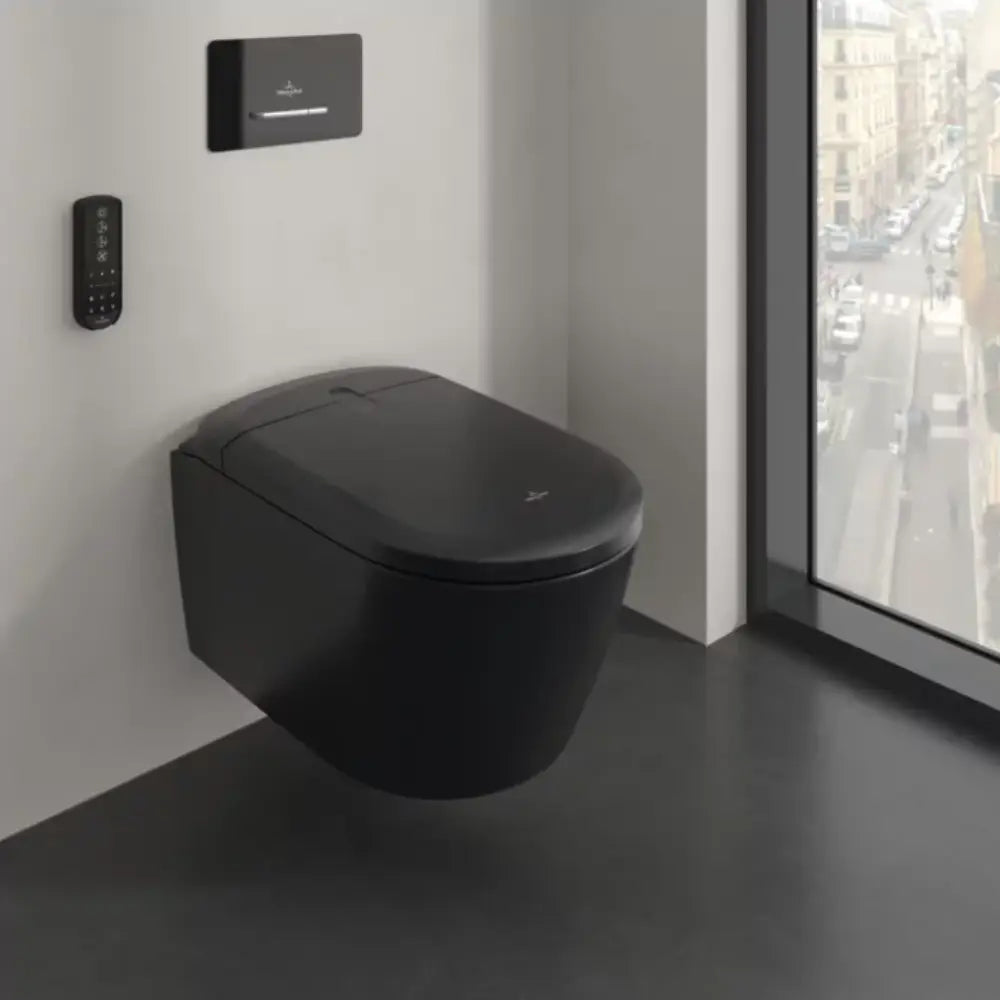 Set Vas WC cu bideu electronic suspendat cu capac soft close si telecomanda Villeroy & Boch Supreo Select Rimless 39x61 cm evacuare orizontala, negru mat
