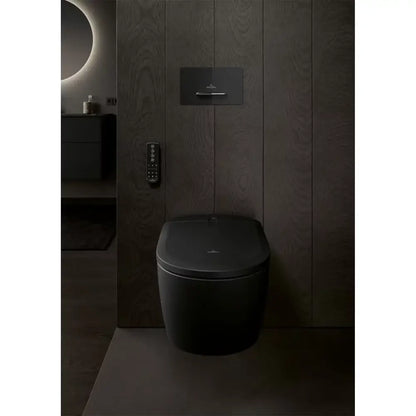 Set Vas WC cu bideu electronic suspendat cu capac soft close si telecomanda Villeroy & Boch Supreo Select Rimless 39x61 cm evacuare orizontala, negru mat