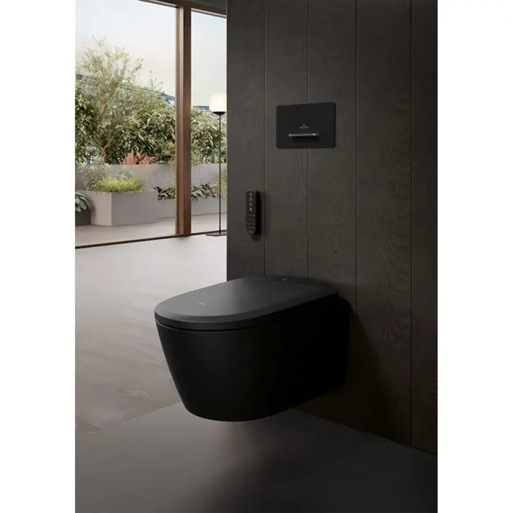 Set Vas WC cu bideu electronic suspendat cu capac soft close si telecomanda Villeroy & Boch Supreo Select Rimless 39x61 cm evacuare orizontala, negru mat