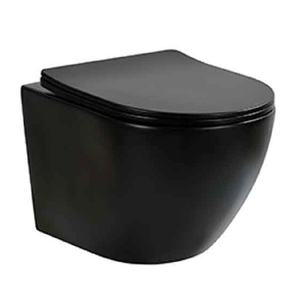 Set Vas WC suspendat cu capac soft close Fluminia Ricci Tornado Flush 36x49 cm evacuare orizontala, negru mat