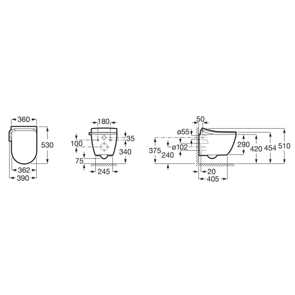 Set Vas WC cu bideu electronic suspendat cu capac soft close incalzit Roca Ona In-Wash Rimless 39x53 cm evacuare dubla