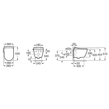 Set Vas WC cu bideu electronic suspendat cu capac soft close incalzit Roca Ona In-Wash Rimless 39x53 cm evacuare dubla