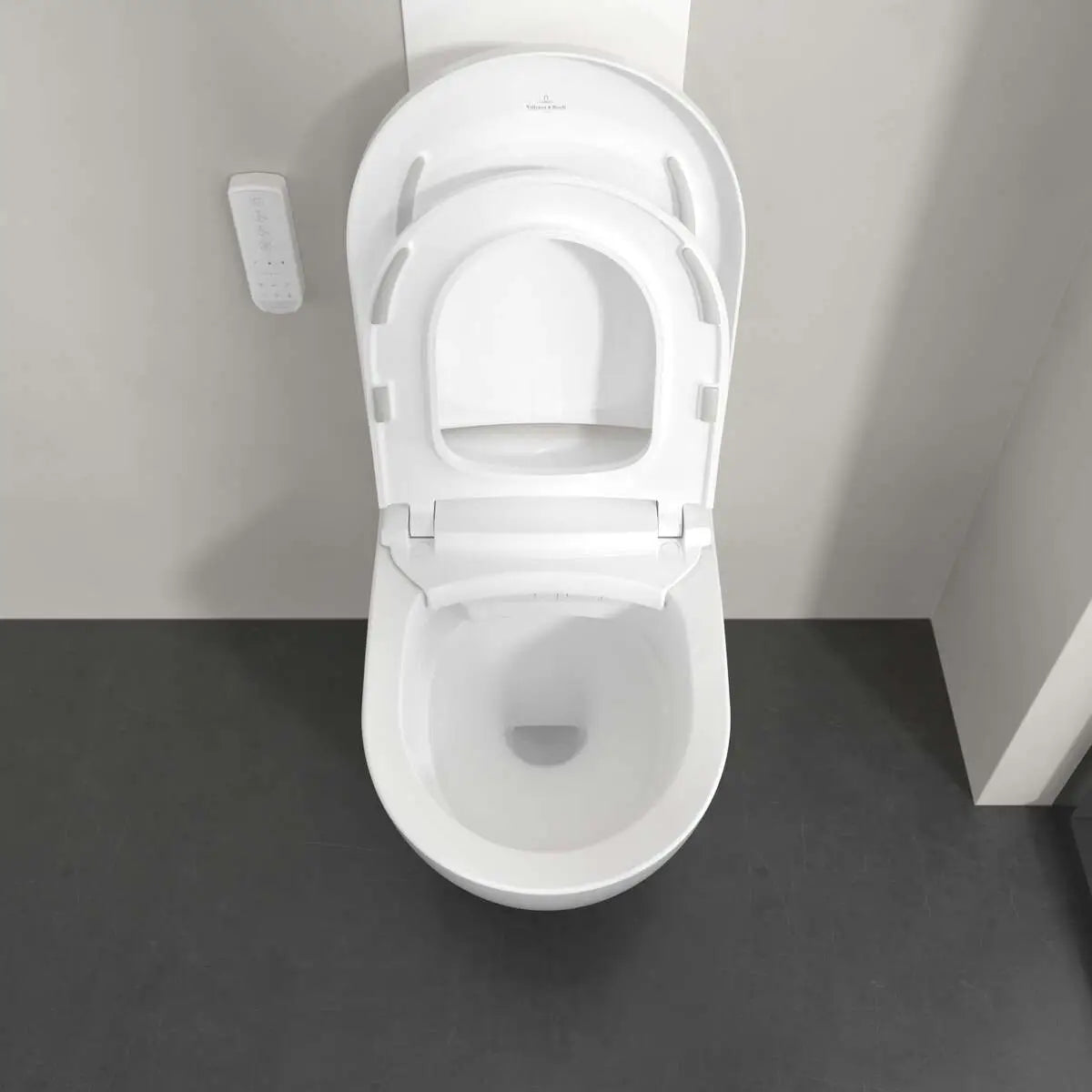 Set Vas WC cu bideu electronic suspendat cu capac soft close si telecomanda Villeroy & Boch Supreo Select Rimless 39x61 cm evacuare orizontala, alb alpin