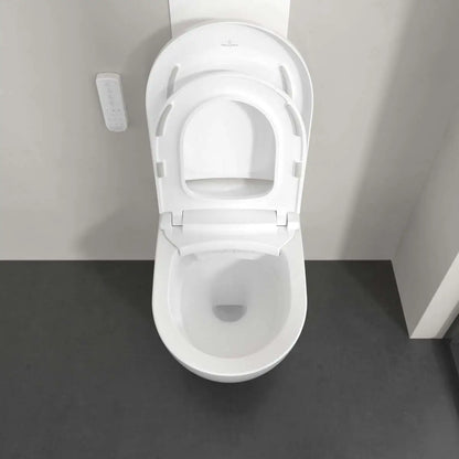 Set Vas WC cu bideu electronic suspendat cu capac soft close si telecomanda Villeroy & Boch Supreo Select Rimless 39x61 cm evacuare orizontala, alb alpin