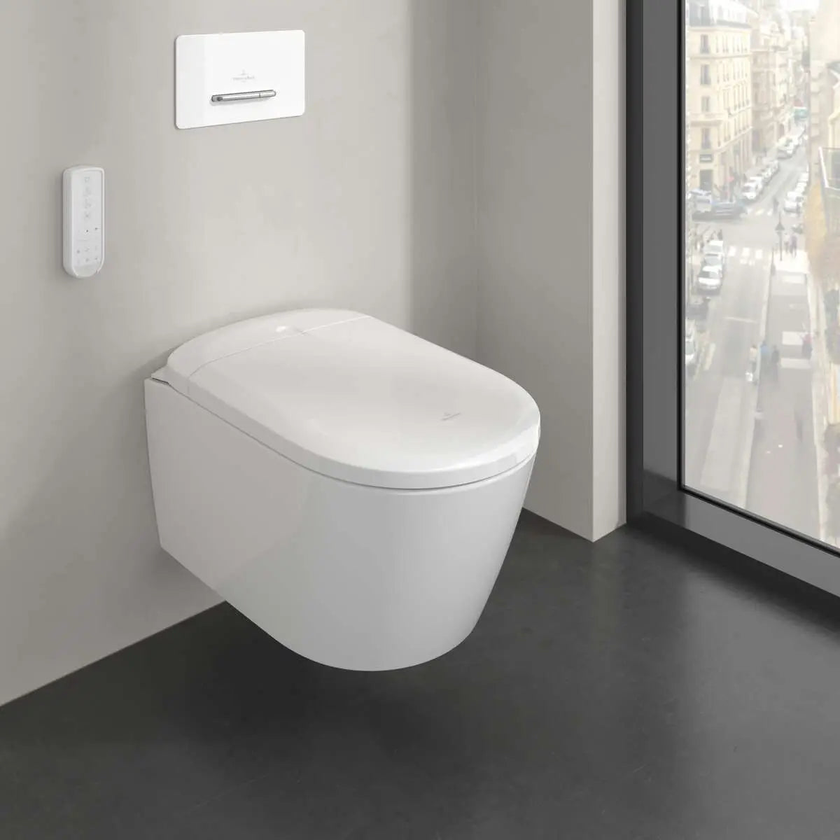 Set Vas WC cu bideu electronic suspendat cu capac soft close si telecomanda Villeroy & Boch Supreo Select Rimless 39x61 cm evacuare orizontala, alb alpin