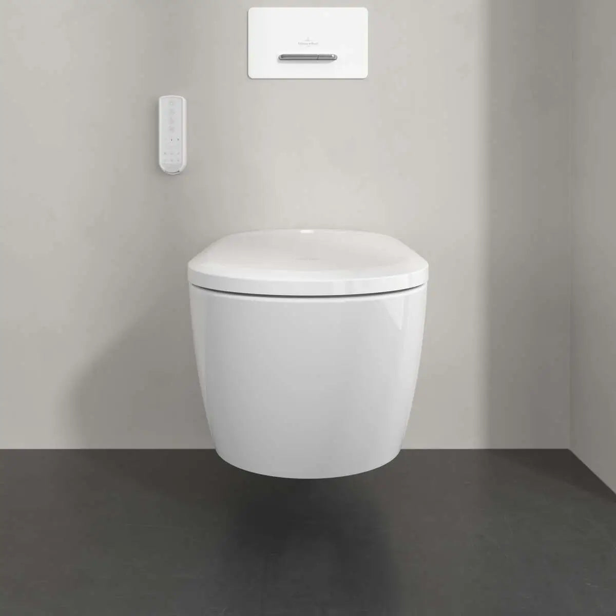 Set Vas WC cu bideu electronic suspendat cu capac soft close si telecomanda Villeroy & Boch Supreo Select Rimless 39x61 cm evacuare orizontala, alb alpin