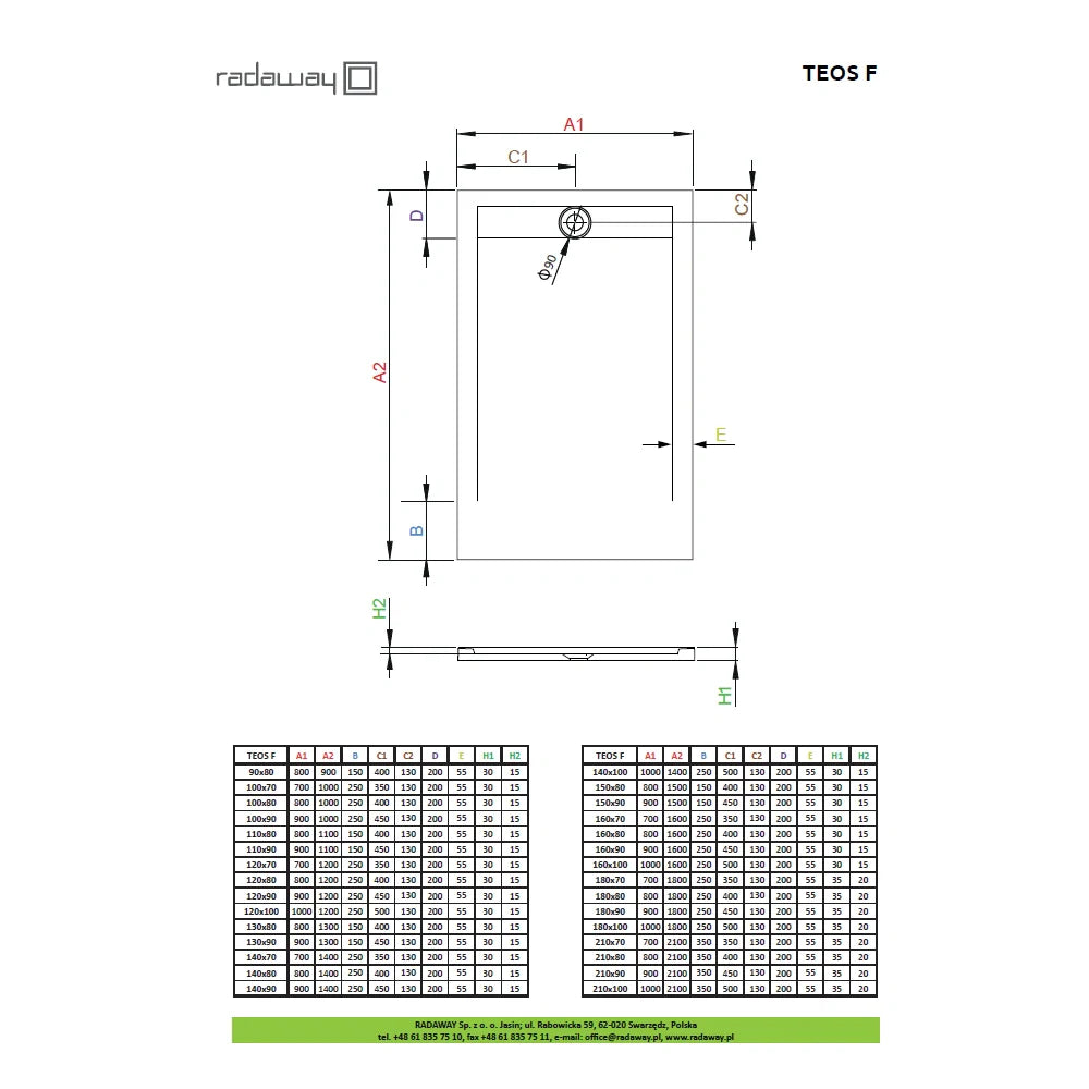Cadita dus patrata compozit Radaway Teos C 90x90 cm, alb (Resigilate)