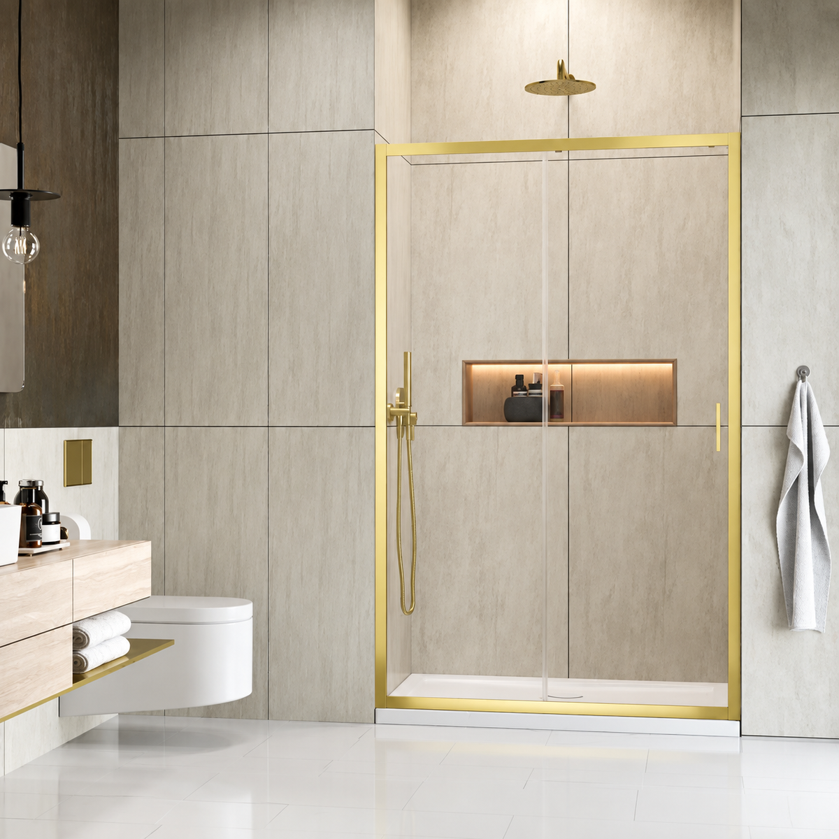 Usa dus glisanta Radaway Alienta Brushed Light Gold DWJ 110xH190 cm, montaj in nisa, profil auriu deschis periat