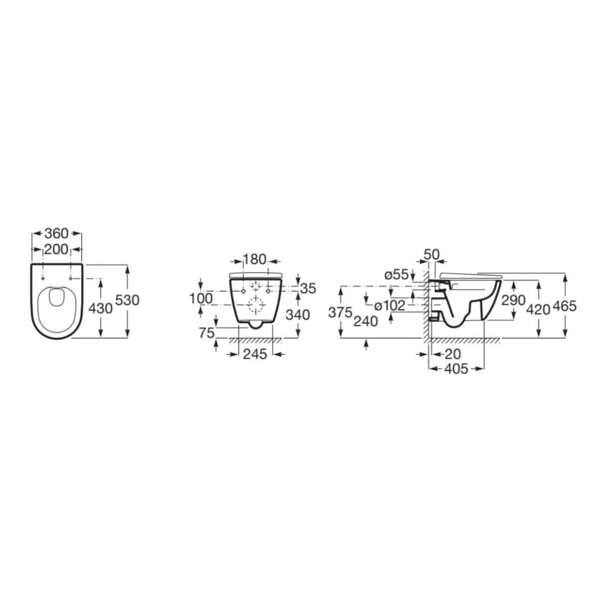 Vas WC suspendat Roca Ona Rimless Vortex 36x53 cm evacuare orizontala, alb