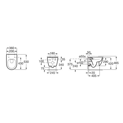 Vas WC suspendat Roca Ona Rimless Vortex 36x53 cm evacuare orizontala, alb