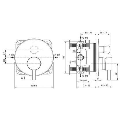 Set promo Sistem dus incastrat fara termostat Ideal Standard IdealRain, cu baterie rotunda, negru mat