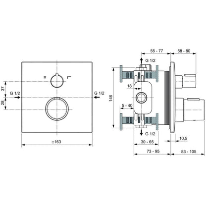 Set promo Sistem dus incastrat cu termostat Ideal Standard IdealRain, cu baterie patrata, negru mat