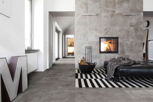 Gresie exterior portelanata rectificata gri 75x150 cm, Marazzi Mystone Ardesia Cenere Strutturato