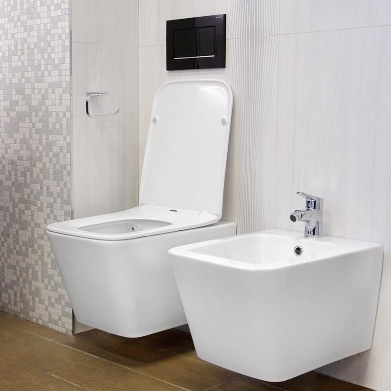 Set Promo Vas WC suspendat cu rezervor incastrat, clapeta de actionare alba, capac soft close, Geberit Delta si Fluminia Paris 37x53 cm