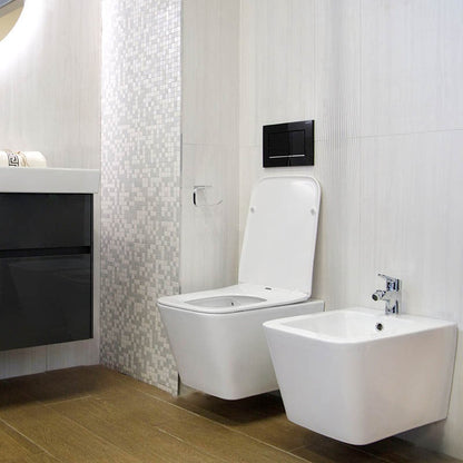 Set Promo Vas WC suspendat cu rezervor incastrat, clapeta de actionare alba, capac soft close, Geberit Delta si Fluminia Paris 37x53 cm