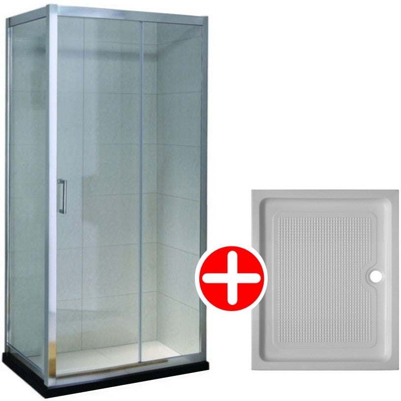 Set promo Cabina dus dreptunghiulara cu usa glisanta Belform Clear 100x80 cm si cadita