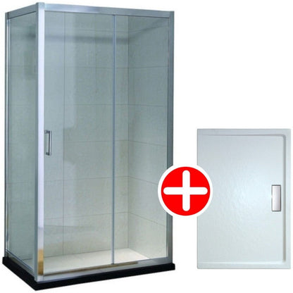 Set promo Cabina dus dreptunghiulara cu usa glisanta Belform Clear 120x80 cm si cadita