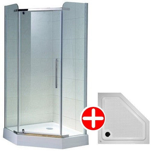 Set promo Cabina dus pentagonala cu usa batanta Belform Clear 90x90 cm si cadita