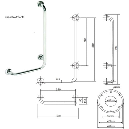 Bemeta Help Bara de sprijin 63 cm, H89 cm, inox mat