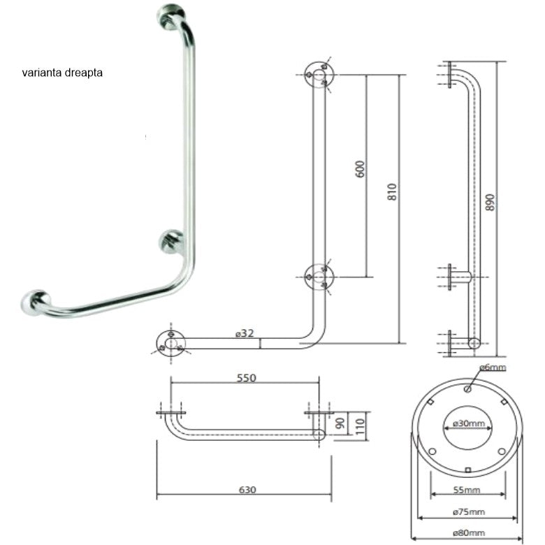 Bemeta Help Bara de sprijin 63 cm, H68 cm, inox